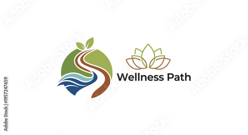 Elegant Wellness Path Logo Design. Abstract Winding River, Green Leaves, and Serene Lotus Flower Icon Symbolizing Health and Nature.