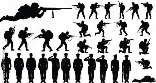 Military soldiers silhouette mega set with sniper infantry squad saluting and tactical army poses isolated on white background vector illustration.
