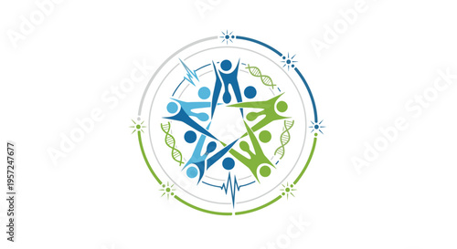 Global human connection logo with diverse people forming a star, surrounded by scientific DNA and heartbeat lines, symbolizing health, community, and science.