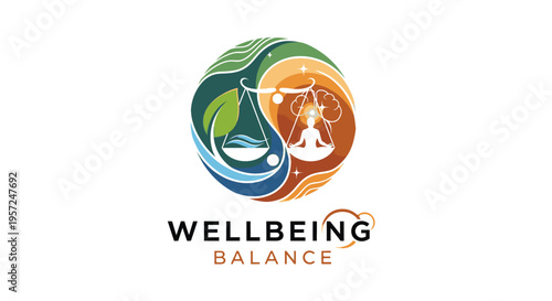 Holistic wellbeing and balance concept with nature, meditation, and scales in a circular design symbolizing harmony, health, and spiritual peace.