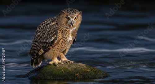 Intimidating Blakiston's Fish Owl With Sharp Beak Perched On Rock In Dark Water