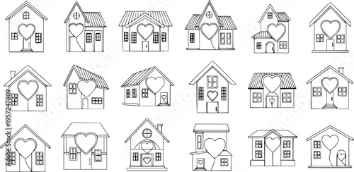 Line art collection of 21 diverse house icons with heart symbols, representing love, home, and real estate. Simple outline vector illustrations for family, community, and Valentine's Day.