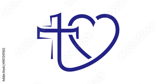 Intertwined Blue Cross and Heart Symbol of Christian Faith, Love, Hope, and Spirituality - Elegant Vector Graphic Design