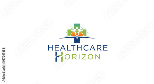 Abstract medical cross design incorporating natural growth and horizon elements, symbolizing health, wellness, and future care.