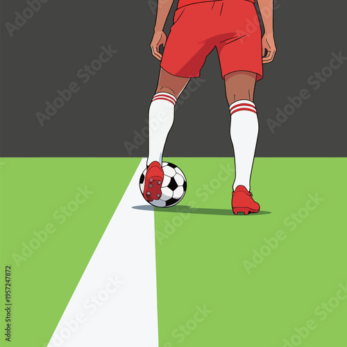 Soccer player prepares to kick ball on field during game at stadium in daylight