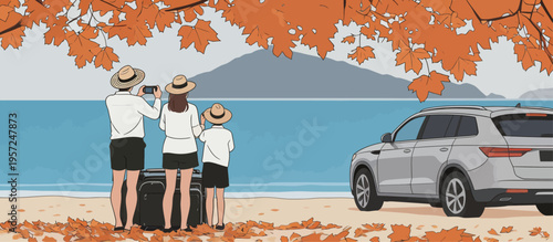 Family enjoys beach day by the water with suitcases and car parked in the background during autumn season