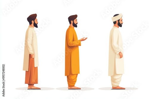 Three men in traditional clothing standing side by side in different poses and colors, vector art