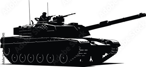 Military tank silhouette illustration with soldier, armored vehicle artwork, defense technology design concept, black and white vector template set