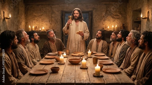 Jesus holding a golden chalice and bread while sitting at a long table with the twelve apostles. Biblical scene of the Last Supper. Religious illustration for Easter and Christianity.