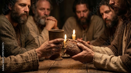 Group of men having ritual meal with bread and chalice. Historical scene representing last supper. Symbolic religious act of communion at wooden table with candle light in dim room.