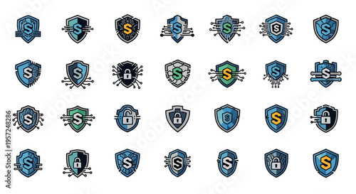 Shield Icons with Dollar Sign and Lock - Security and Finance Concepts