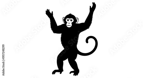 Silhouette of a playful monkey with arms raised against a white background
