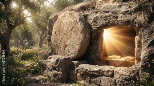Empty stone tomb of Jesus with large boulder rolled away. Bright light shining from inside cave. Olive tree garden at sunrise. Christian Easter resurrection religious holiday concept.