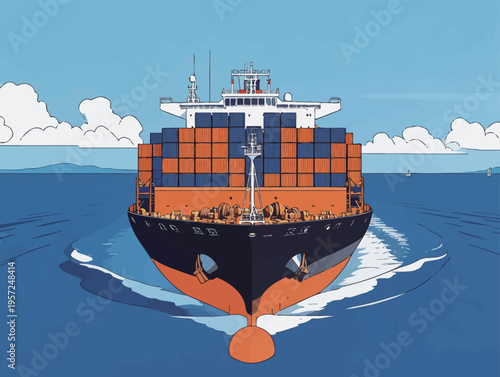 Large cargo ship sails on the ocean with containers stacked high on deck during daytime near the coast