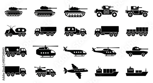 Military Vehicles, Aircraft, and Ships Collection - Black Silhouettes on White Background