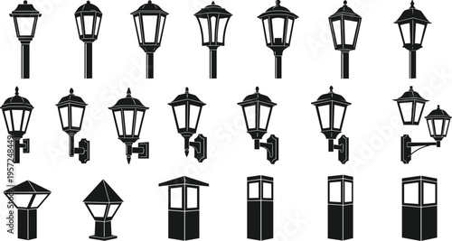 Outdoor lantern and lamp post silhouette illustration, decorative lighting artwork, architectural design concept, black and white vector template set