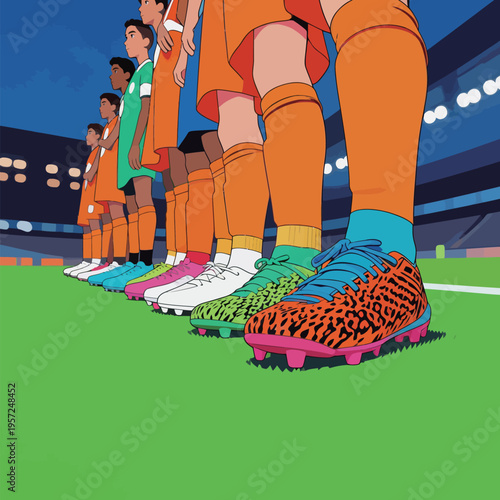 Colorful soccer cleats lined up during a youth soccer game at a stadium in the afternoon sun with players ready for action