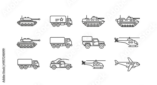 Pixel Art Military Vehicles Icons Set: Tanks, Trucks, Helicopters, Airplane