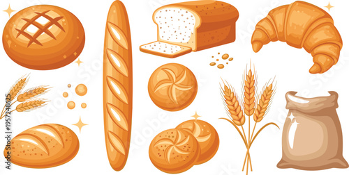 Bakery bread collection with baguette, loaf, croissant, buns, wheat and flour sack fresh baked food vector illustration set