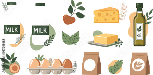 Organic food and grocery products collection with milk, eggs, cheese, olive oil and natural ingredients healthy vector illustration set