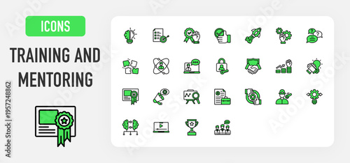 Set of Training and Mentoring icon. Skill Development, Purpose, Excellent, Success, Rocket, Support, Question , Puzzle, Expertise, Video Call, Key Person, Trust, Motivation, Certificate illustration. 