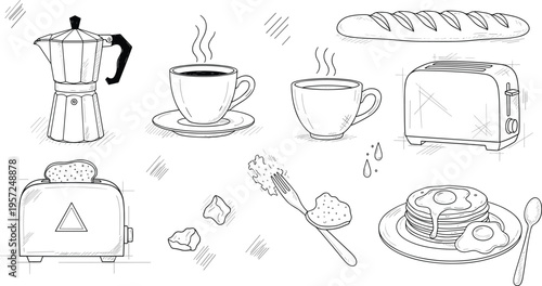 Hand drawn breakfast food and kitchen appliances set with coffee, toaster, bread, pancakes and moka pot sketch vector illustration collection