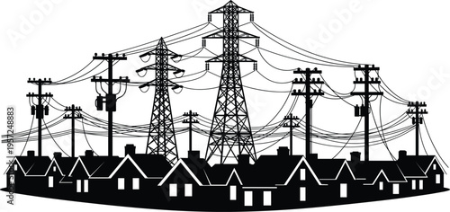 Residential electrical grid illustration, transmission towers and utility poles, urban power distribution artwork, energy infrastructure vector, electricity network silhouette design