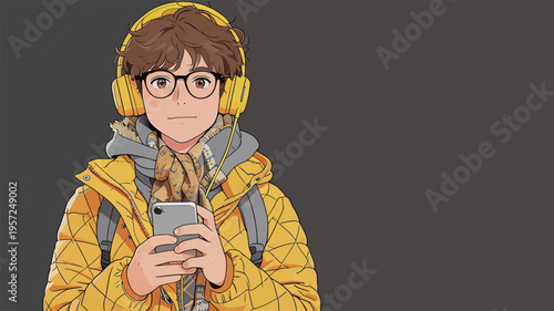 Young person stands with a mobile phone while wearing headphones and a yellow jacket in a simple setting