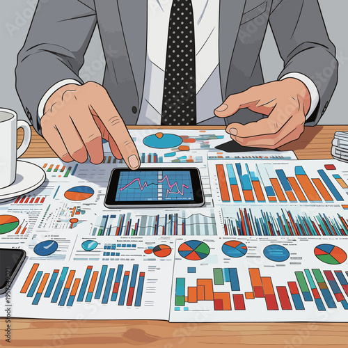 Businessman analyzes data on tablet while reviewing reports and charts at desk during workday