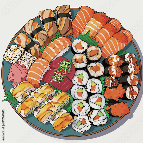 Sushi platter with various rolls and sashimi served on a round plate at a gathering during dinner time