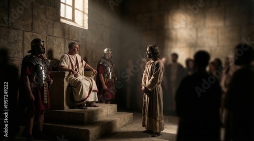 Jesus standing before Pontius Pilate in ancient roman courtroom. Roman governor sitting on throne with soldier guard. Biblical trial scene, religious event, historical drama concept.