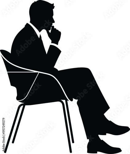 Seated person silhouette, thoughtful pose, modern chair, business attire, contemplation icon, professional figure, black and white illustration