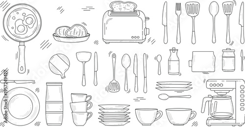 Hand drawn kitchen utensils and tableware collection with toaster, coffee machine, cups, plates and cutlery sketch vector illustration set