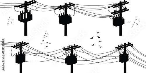 Silhouette Collection of Electrical Utility Poles with Transformers Power Line Network and Flying Birds for Energy Infrastructure and Urban Landscape Design