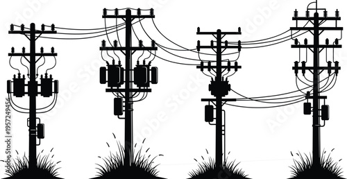 Silhouette of Electric Power Lines and Utility Poles with Transformers and Grass in Black and White Vector Illustration for Energy Industry