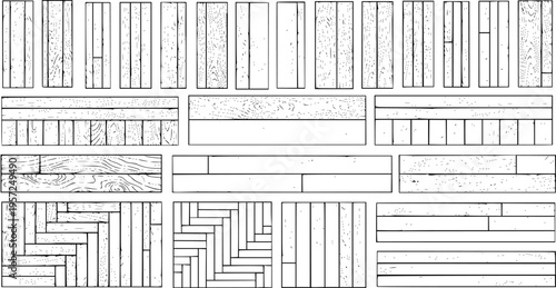 Set of various wood floor and parquet patterns, plank layouts, and hardwood designs, abstract black and white vector illustration for interior or architectural design.