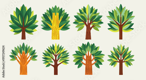 Set of 8 stylized green tree icons vector for nature, environment, and growth concepts