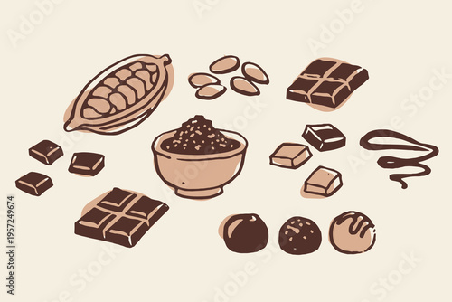 Chocolate and cocoa doodle set vector illustration