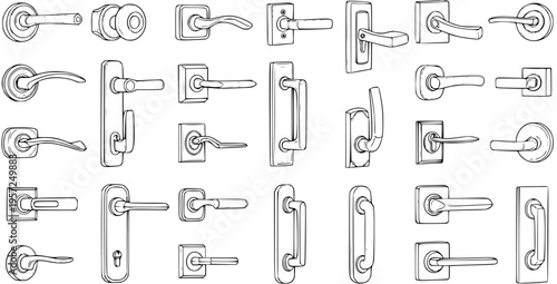 Detailed sketch illustration of a wide variety of modern and classic door handles and door knobs. Hand-drawn outline collection on a white background, perfect for design resources.