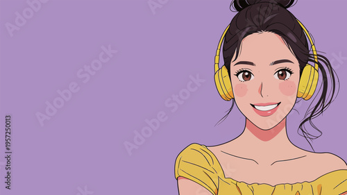 Young woman with yellow headphones smiling against a purple background during daytime while enjoying music or listening to an audio