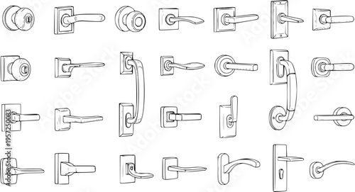 Collection of various black and white line art sketches of modern and classic door handles, knobs, and levers, showcasing diverse designs for home and building security