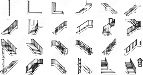 Detailed Hand-Drawn Sketches of Various Staircase Designs and Types, including Straight, L-Shape, U-Shape, Curved, and Spiral Stairs