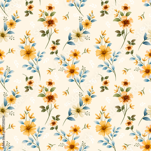 Seamless floral pattern background with yellow daisy and camomile flowers in a fresh spring and summer nature design suitable for wallpaper and textile decoration