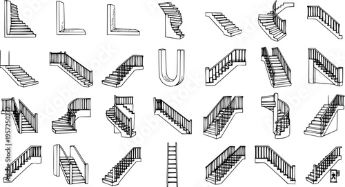 Detailed hand-drawn sketches of various architectural stair designs, including straight, L-shaped, U-shaped, spiral, and curved staircases, depicting multiple perspectives for building