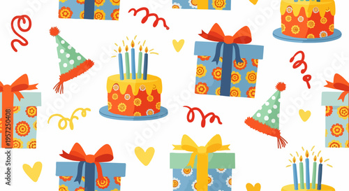 Seamless Birthday Party Pattern Vector with Colorful Gift Boxes, Cakes, and Party Hats on White Background