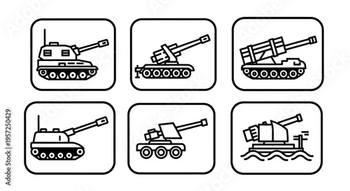 Set of Six Military Tank and Artillery Icons, Vector Illustration