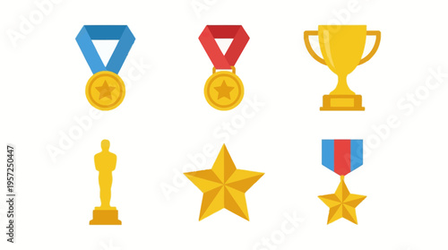 A collection of flat design award icons including medals, a trophy, a statuette, and stars, symbolizing achievement and success.