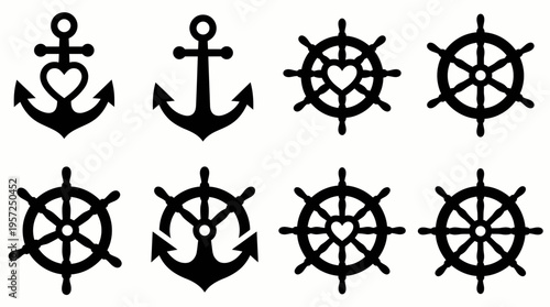 A collection of eight black silhouette nautical symbols including anchors with hearts and ship wheels, isolated on a white background.