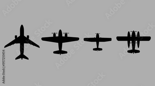 Four black airplane silhouettes of different types and sizes, from a large passenger jet to smaller propeller planes, arranged horizontally on a grey background.