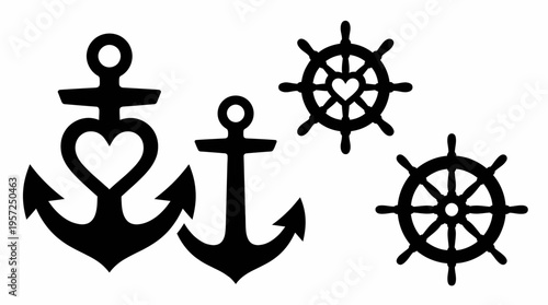 Black silhouettes of two anchors, one with a heart, and two ship's wheels, one with a heart, representing nautical love and maritime themes.